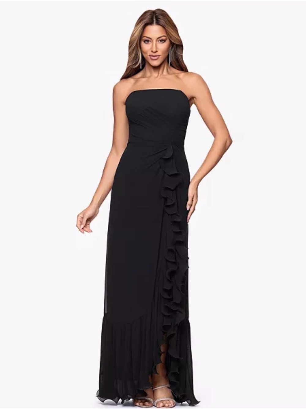 Strapless Black Ruffle-Detail Evening Dress